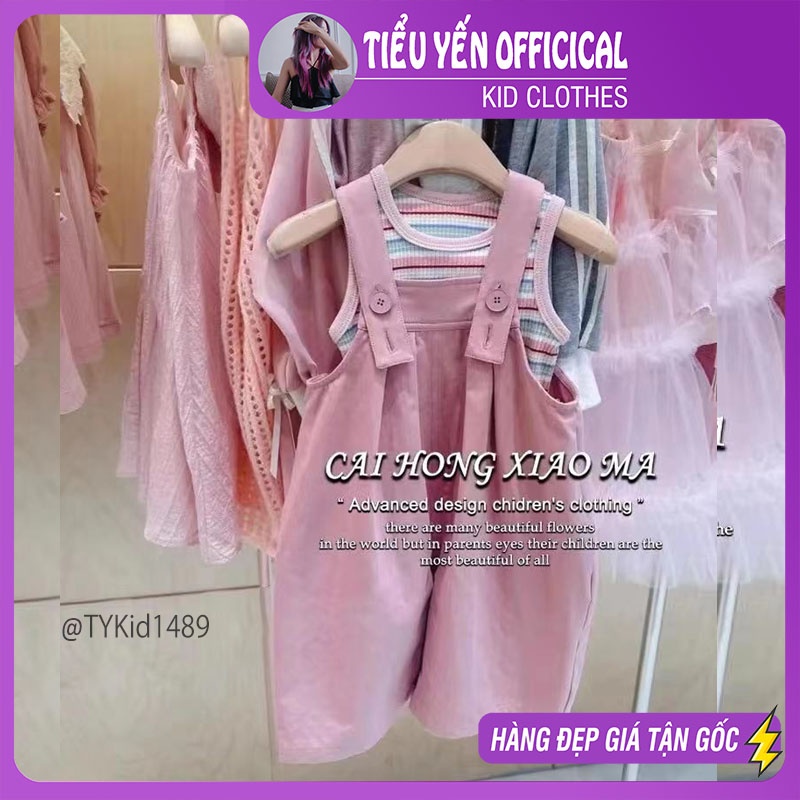 S1489-Yếm hè bé gái, áo thun tăm kẻ và quần yếm Tiểu Yến KID