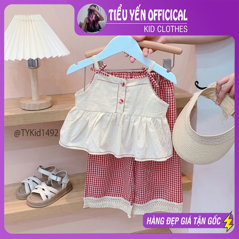 S1492-Quần áo hè bé gái, set 2 dây thô kem và quần suông phối ren Tiểu Yến KID