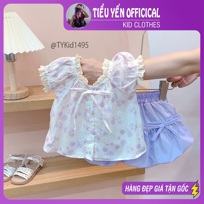 S1495-Quần áo hè bé gái, set áo thô hoa tím và chân váy dáng bí Tiểu Yến KID