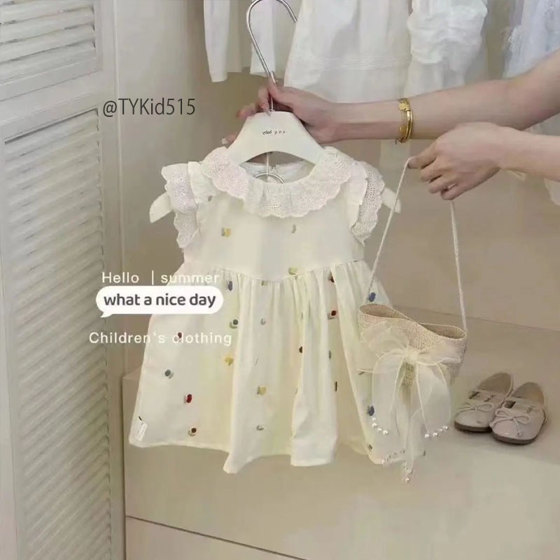 V515-Váy hè bé gái, váy thô họa tiết thêu cổ phối ren Tiểu Yến KID