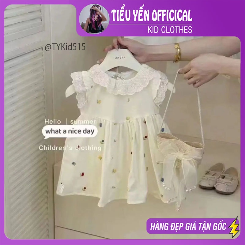 V515-Váy hè bé gái, váy thô họa tiết thêu cổ phối ren Tiểu Yến KID