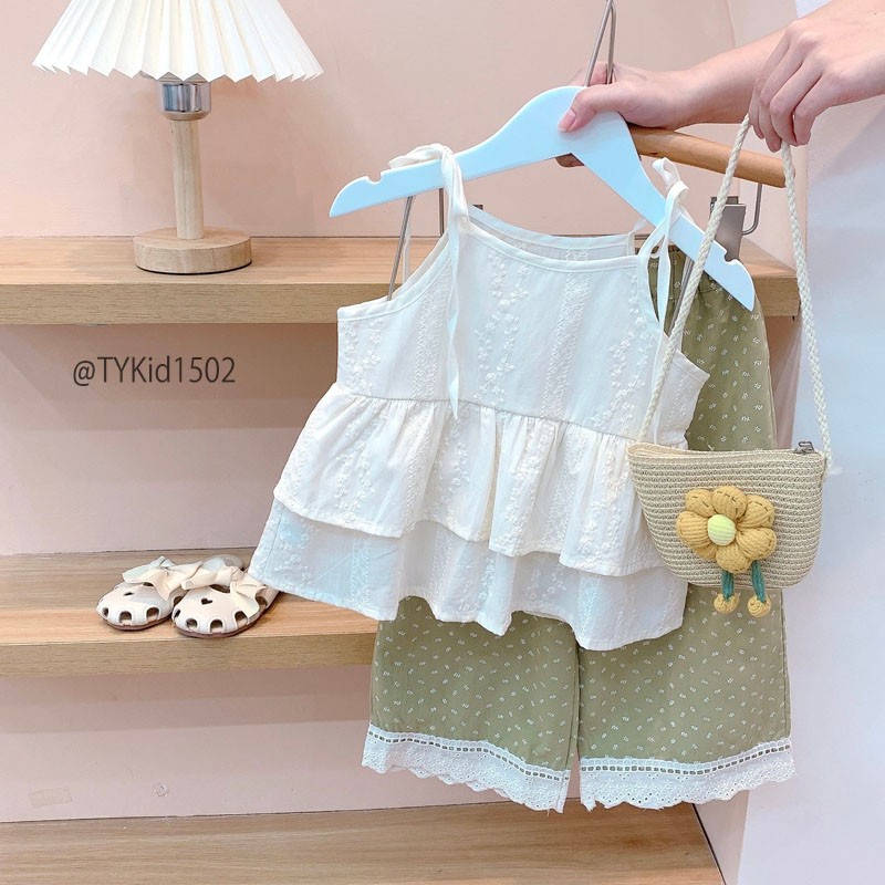 S1502-Quần áo hè bé gái, set 2 dây và quần suông vải thô mềm Tiểu Yến KID