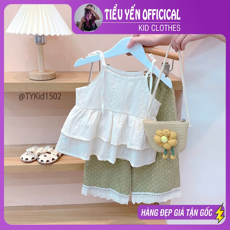 S1502-Quần áo hè bé gái, set 2 dây và quần suông vải thô mềm Tiểu Yến KID