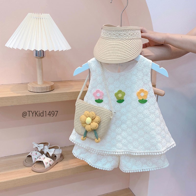 S1497-Quần áo hè bé gái, set ren mềm phối hoa có lớp lót Tiểu Yến KID