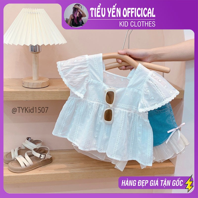 S1507-Quần áo hè bé gái, set áo thô và quần jean phối voan Tiểu Yến KID