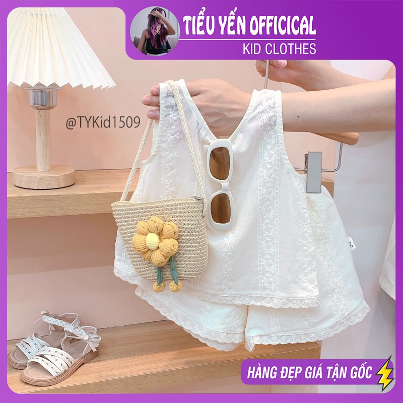 S1509-Quần áo hè bé gái, set thô kem thêu hoa có lớp lót vải mềm Tiểu Yến KID