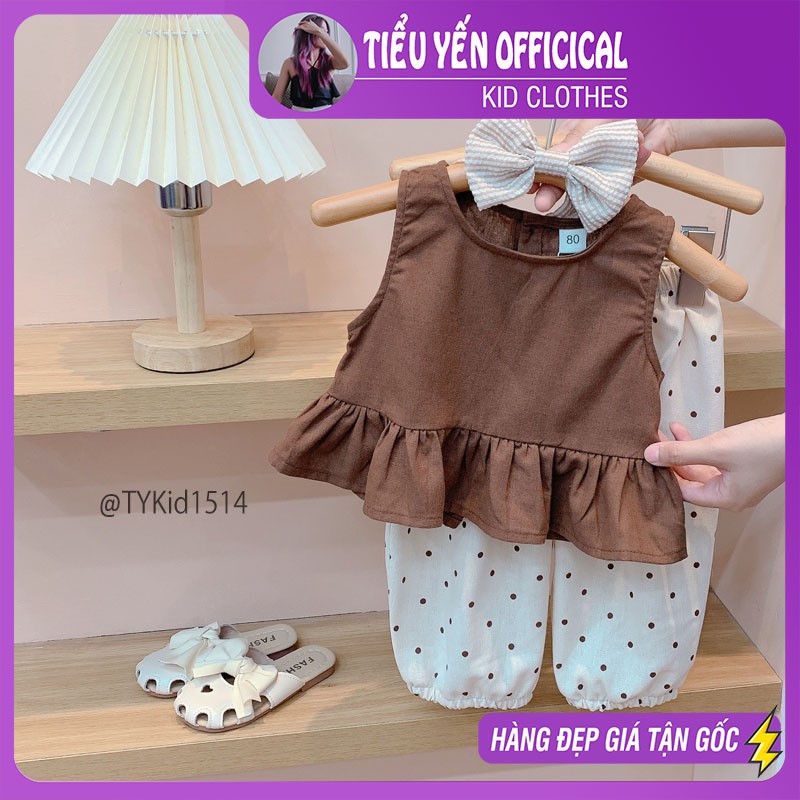 S1514-Quần áo hè bé gái, set 3 chi tiết phong cách Hàn vải linen mềm kèm turban Tiểu Yến KID