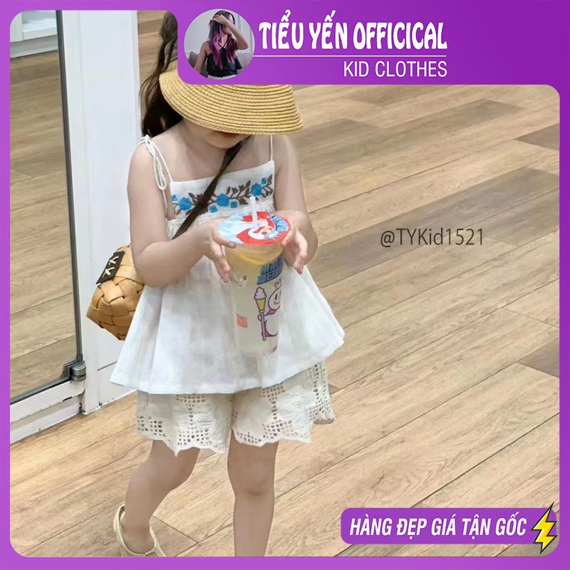 S1521-Quần áo hè bé gái, set 2 dây và quần vải thô thêu hoa mềm mại Tiểu Yến KID