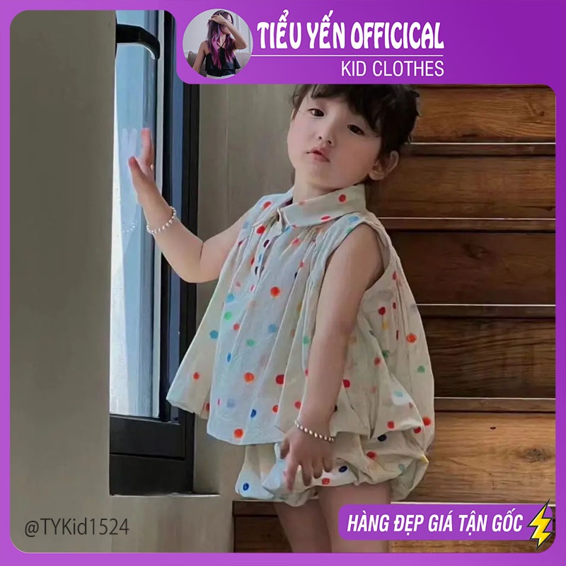 S1524-Quần áo hè bé gái, set thô dáng bí họa tiết chấm bi vải mềm Tiểu Yến KID