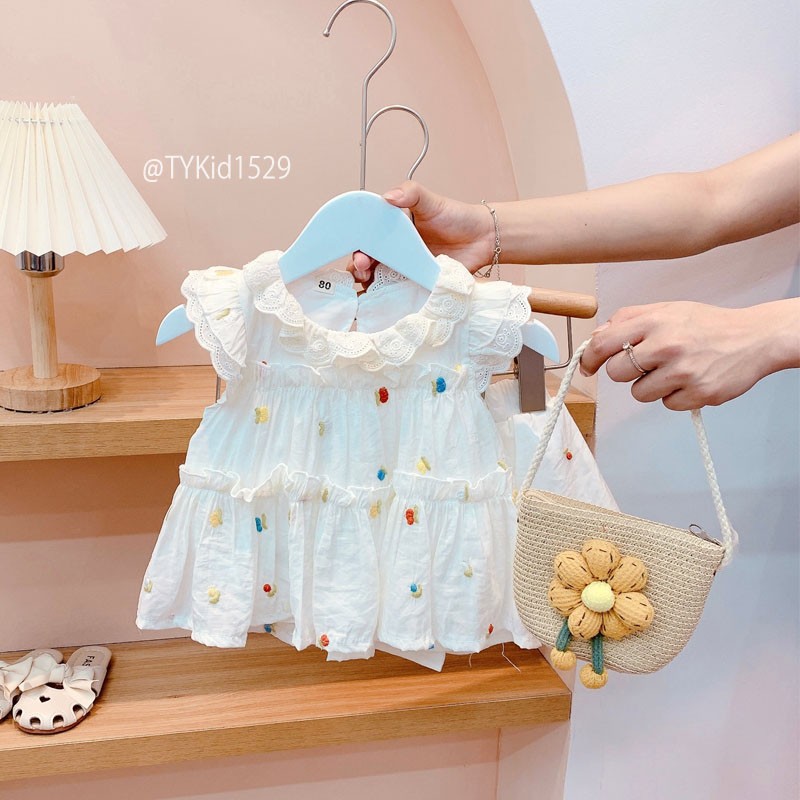 S1529-Quần áo hè bé gái, set tơ kem thêu họa tiết vải mềm Tiểu Yến KID