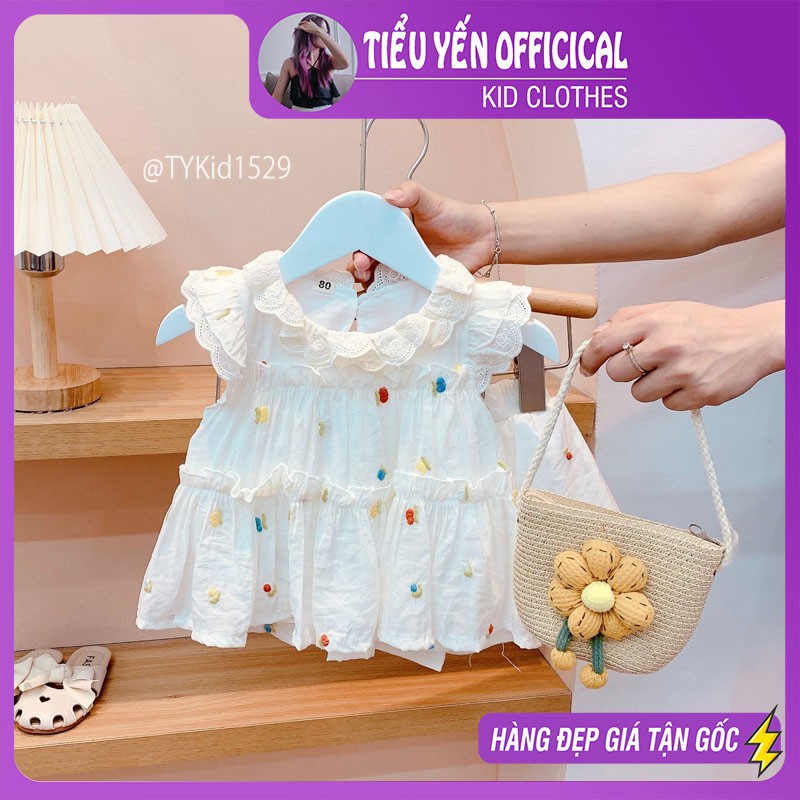 S1529-Quần áo hè bé gái, set tơ kem thêu họa tiết vải mềm Tiểu Yến KID