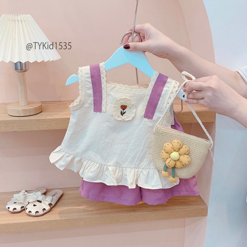 S1535-Quần áo hè bé gái vải thô linen mềm Tiểu Yến KID