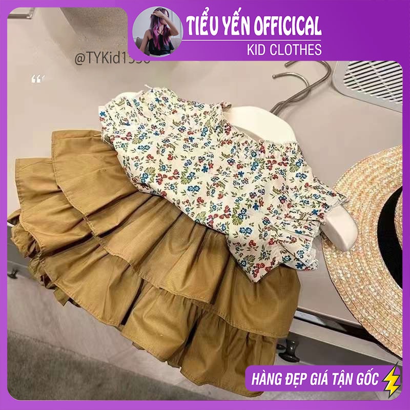 S1536-Quần áo hè bé gái phong cách Hàn, áo thô hoa nhí và quần váy Tiểu Yến KID