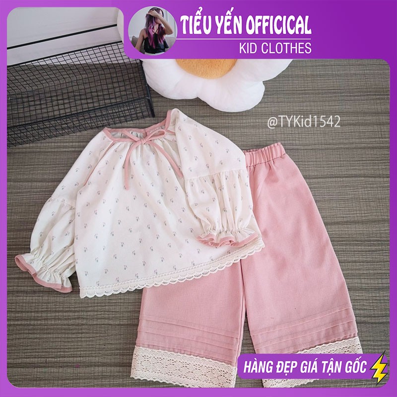 S1542-Quần áo thu bé gái, áo hoa nhí và quần suông phối ren và thô linen Tiểu Yến KID