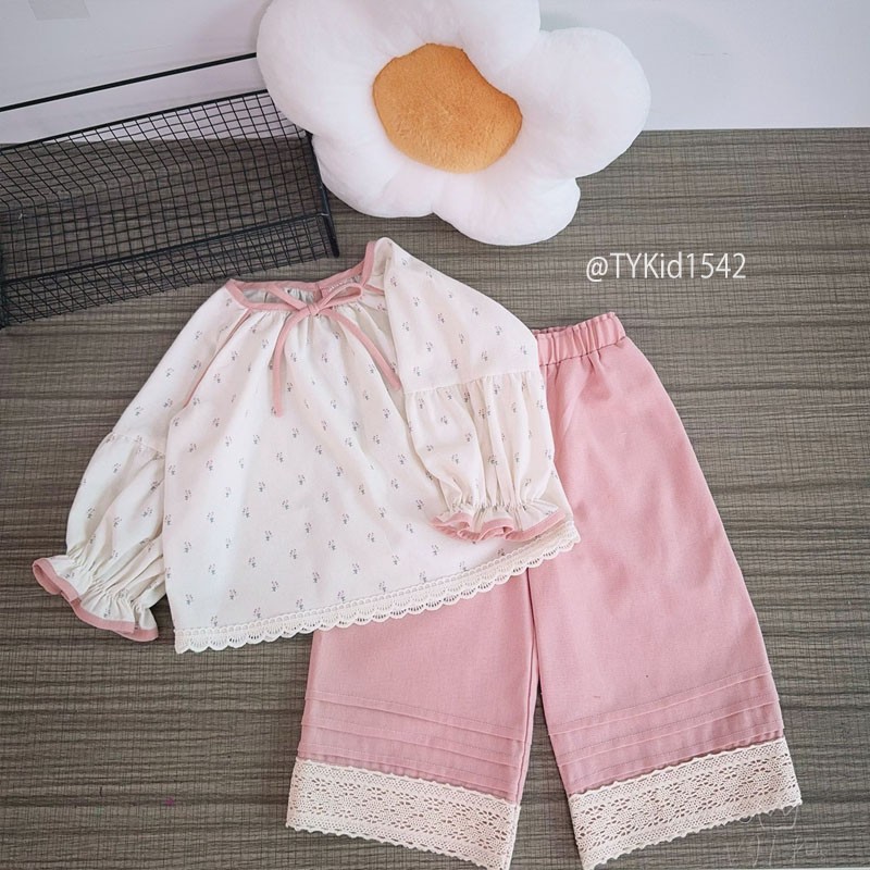 S1542-Quần áo thu bé gái, áo hoa nhí và quần suông phối ren và thô linen Tiểu Yến KID