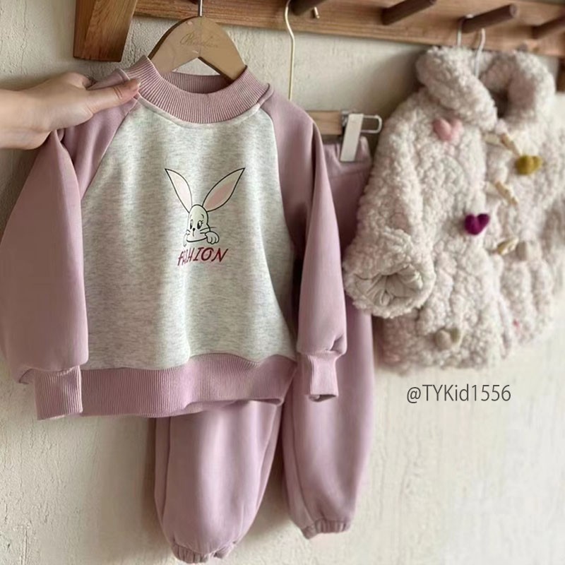 S1556-Bộ nỉ thu đông bé gái, set nỉ thỏ hồng xám Tiểu Yến KID