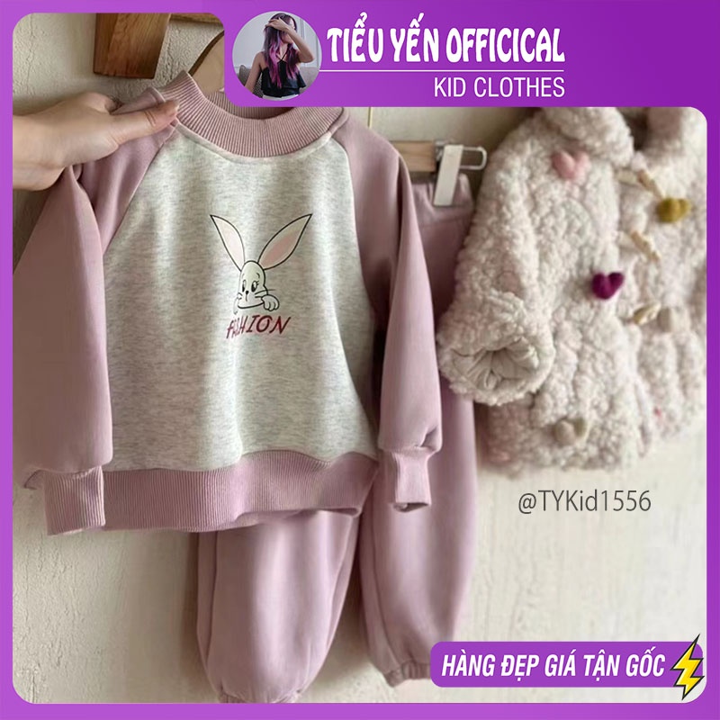 S1556-Bộ nỉ thu đông bé gái, set nỉ thỏ hồng xám Tiểu Yến KID