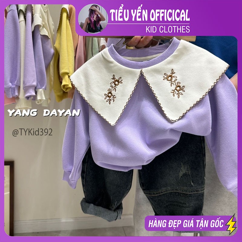 A392-Áo nỉ thu đông bé gái màu tím cổ thêu họa tiết Tiểu Yến KID