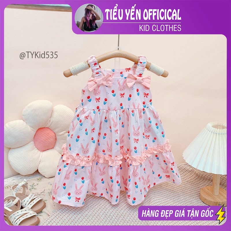 V535-Váy hè bé gái, váy 2 dây thô thỏ hồng phối nơ Tiểu Yến KID