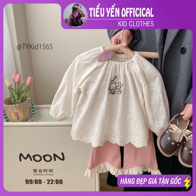 S1565-Quần áo thu đông bé gái, áo thêu ren phối quần nhung loe Tiểu Yến KID