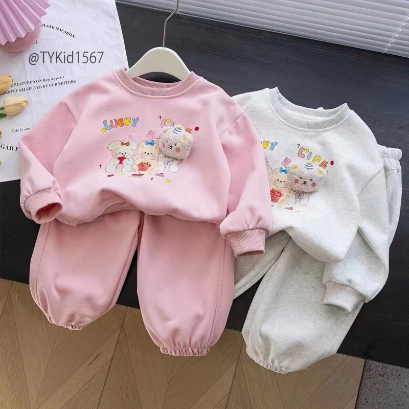 S1567-Quần áo thu đông bé gái, set nỉ gấu hồng đính gấu bông Tiểu Yến KID