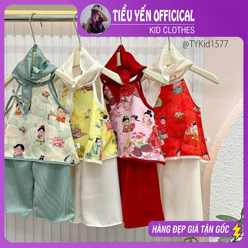 S1577-Quần sao trung thu bé gái, set yếm lụa lá sen 3 tặng kem khăn Tiểu Yến KID