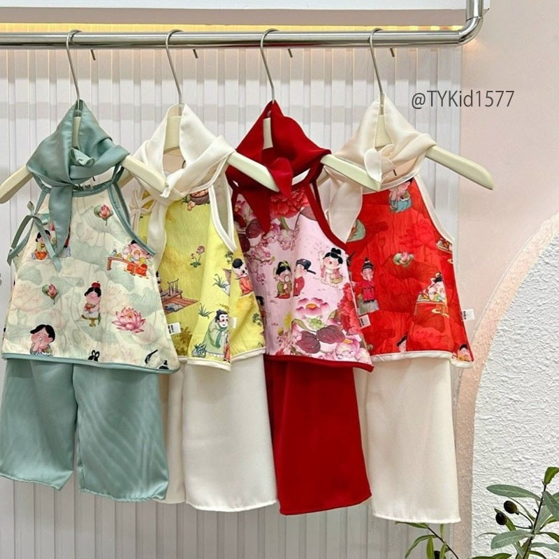 S1577-Quần sao trung thu bé gái, set yếm lụa lá sen 3 tặng kem khăn Tiểu Yến KID