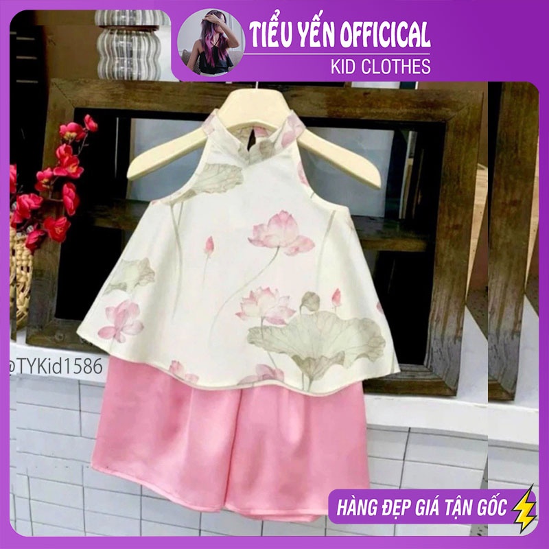 S1586-Quần áo trung thu bé gái, set yếm sen hồng vải lụa mềm Tiểu Yến KID