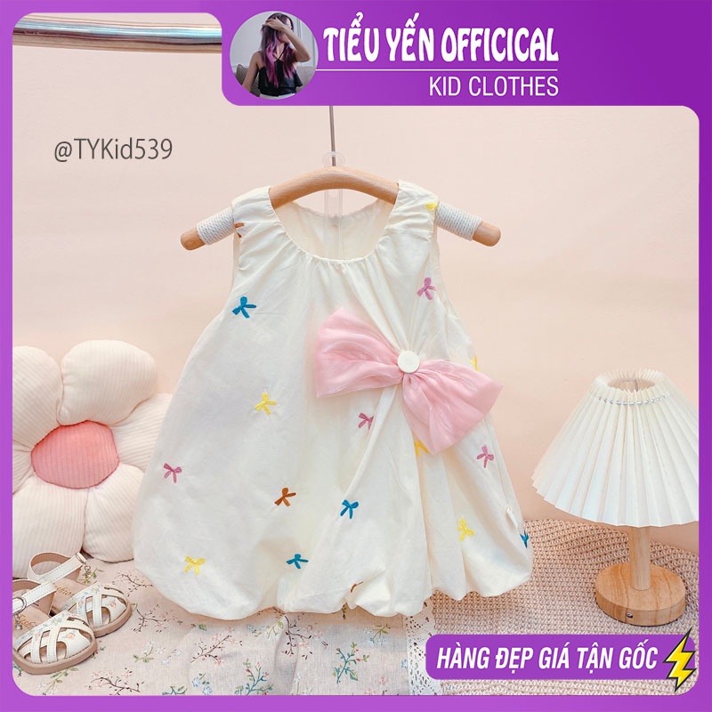 V539-Váy hè bé gái cao cấp, vải thô mềm thêu nơ mix nơ hồng Tiểu Yến KID