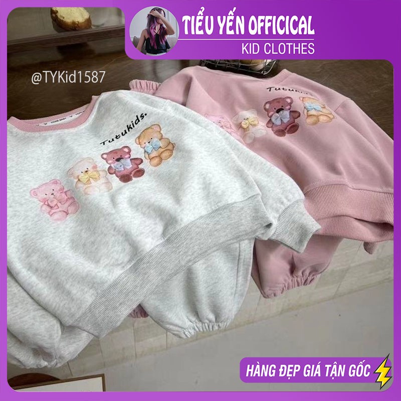 S1587-Bộ nỉ thu đông bé gái màu hồng in họa tiết gấu Tiểu Yến KID