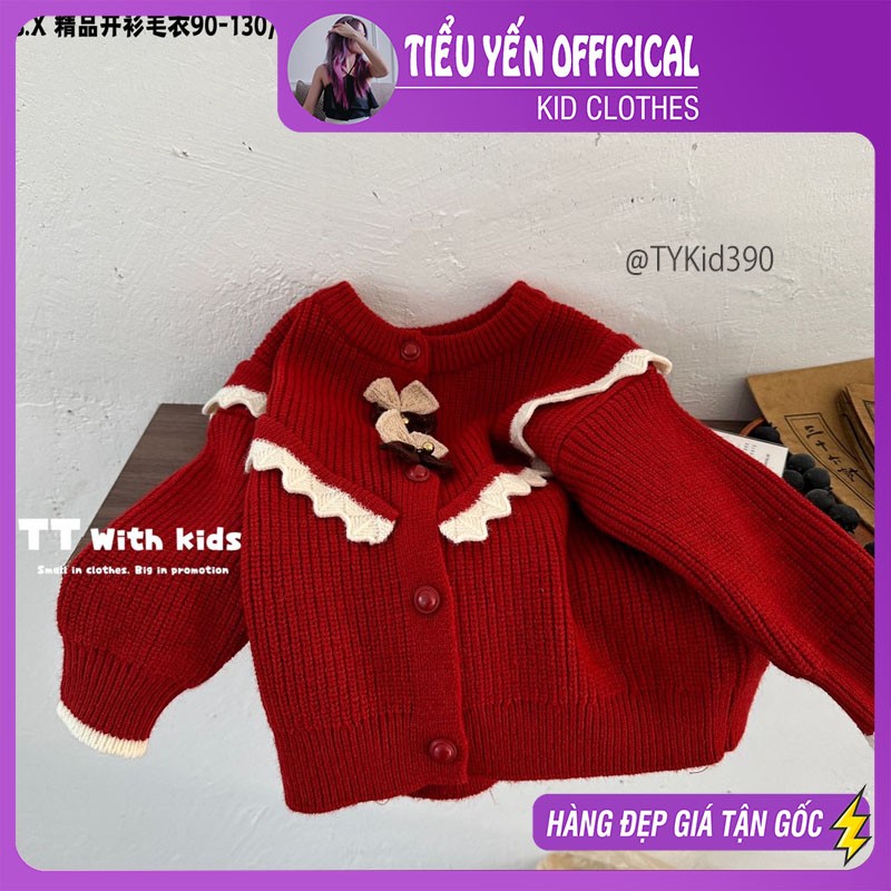 AK390-Áo khoác len bé gái, cardigan len đỏ phối nơ len dày dặn Tiểu Yến KID