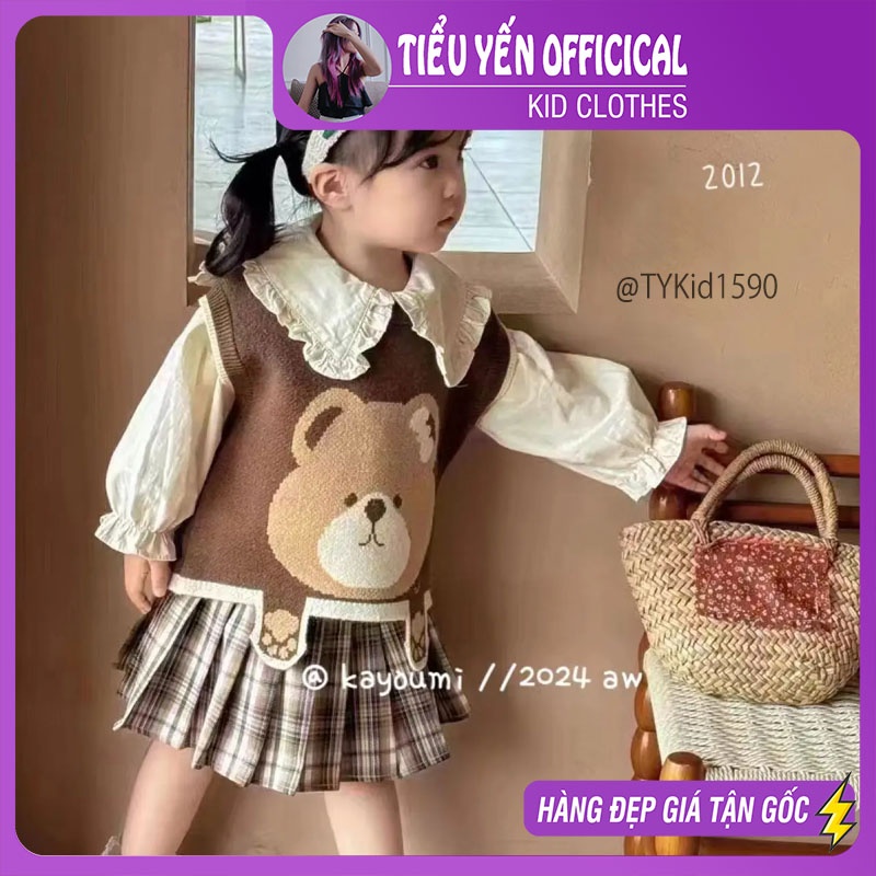 S1590-Quần áo thu đông cao cấp bé gái, set 3 chi tiết sơ mi, gile và chân váy Tiểu Yến KID