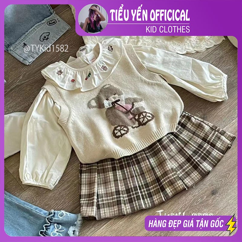 S1582-Quần áo thu đông cao cấp bé gái, set 3 chi tiết áo sơ mi, gile len, chân váy xòe Tiểu Yến KID