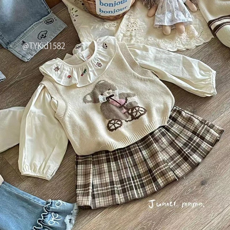 S1582-Quần áo thu đông cao cấp bé gái, set 3 chi tiết áo sơ mi, gile len, chân váy xòe Tiểu Yến KID