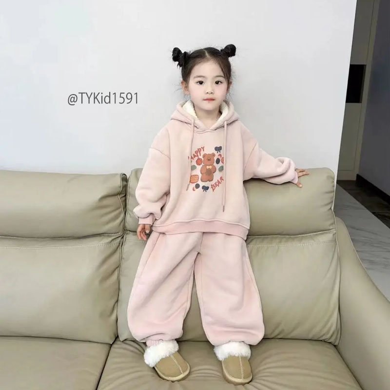 S1591-Quần áo thu đông bé gái, set nỉ hoodie gấu hồng chất dày dặn Tiểu Yến KID