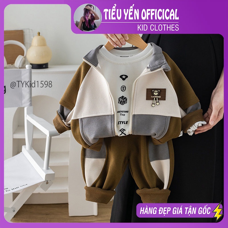 S1598-Quần áo thu đông bé trai cá tính, set 3 chi tiết gồm áo khoác, áo nỉ, quần nỉ Tiểu Yến KID