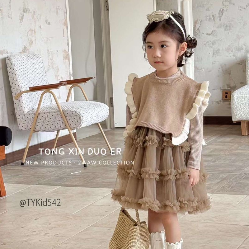 V542-Váy công chúa cao cấp bé gái, váy voan mềm mix áo gile len Tiểu Yến KID