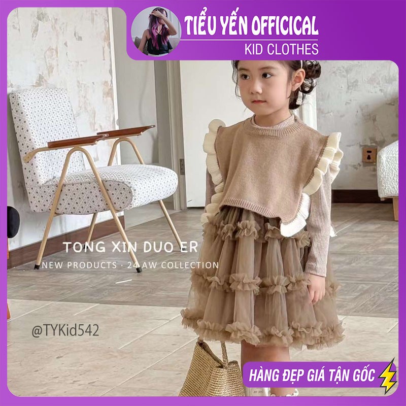 V542-Váy công chúa cao cấp bé gái, váy voan mềm mix áo gile len Tiểu Yến KID