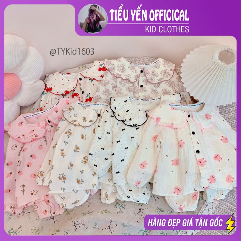 S1603-Pijama thu đông bé gái, vải xô muslin mềm mại Tiểu Yến KID