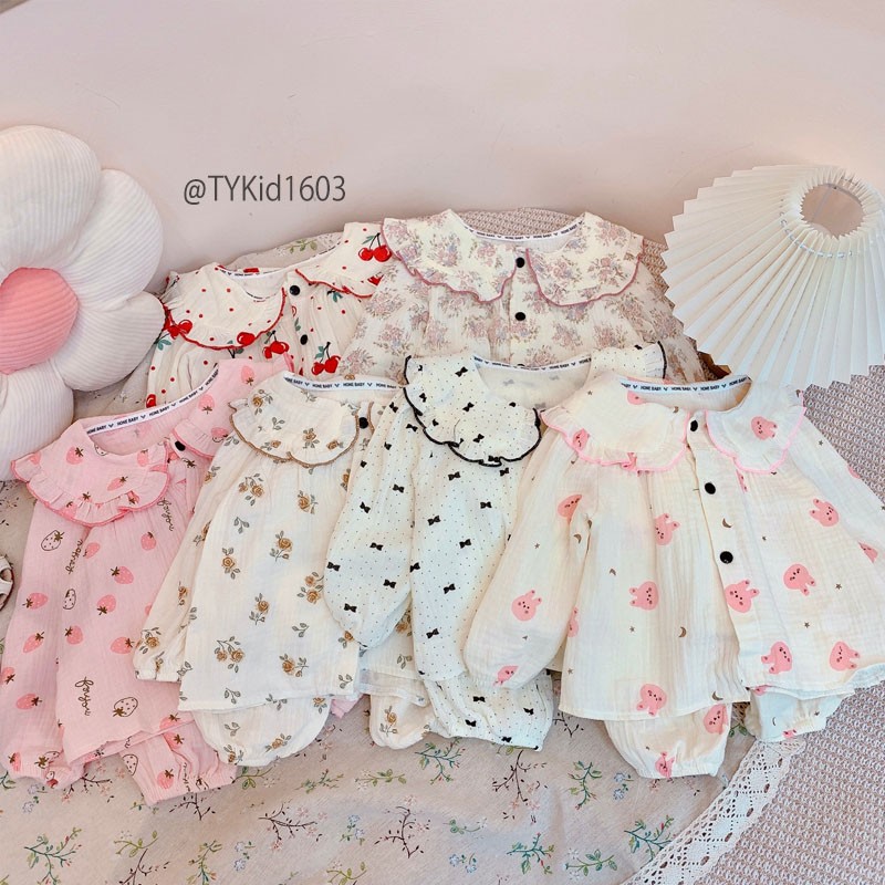 S1603-Pijama thu đông bé gái, vải xô muslin mềm mại Tiểu Yến KID