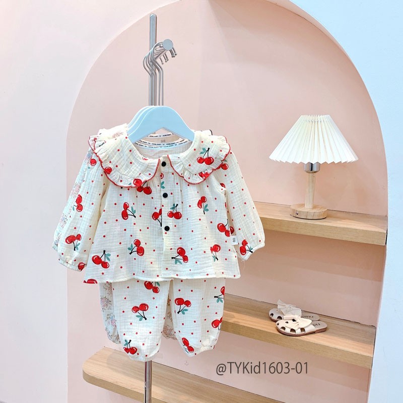 S1603-Pijama thu đông bé gái, vải xô muslin mềm mại Tiểu Yến KID