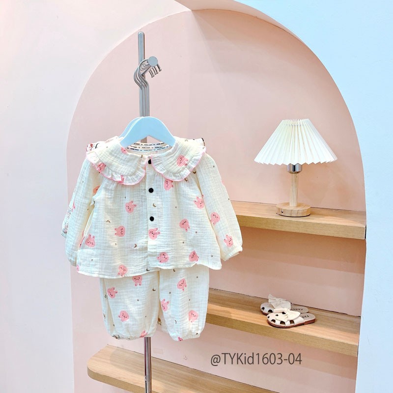 S1603-Pijama thu đông bé gái, vải xô muslin mềm mại Tiểu Yến KID