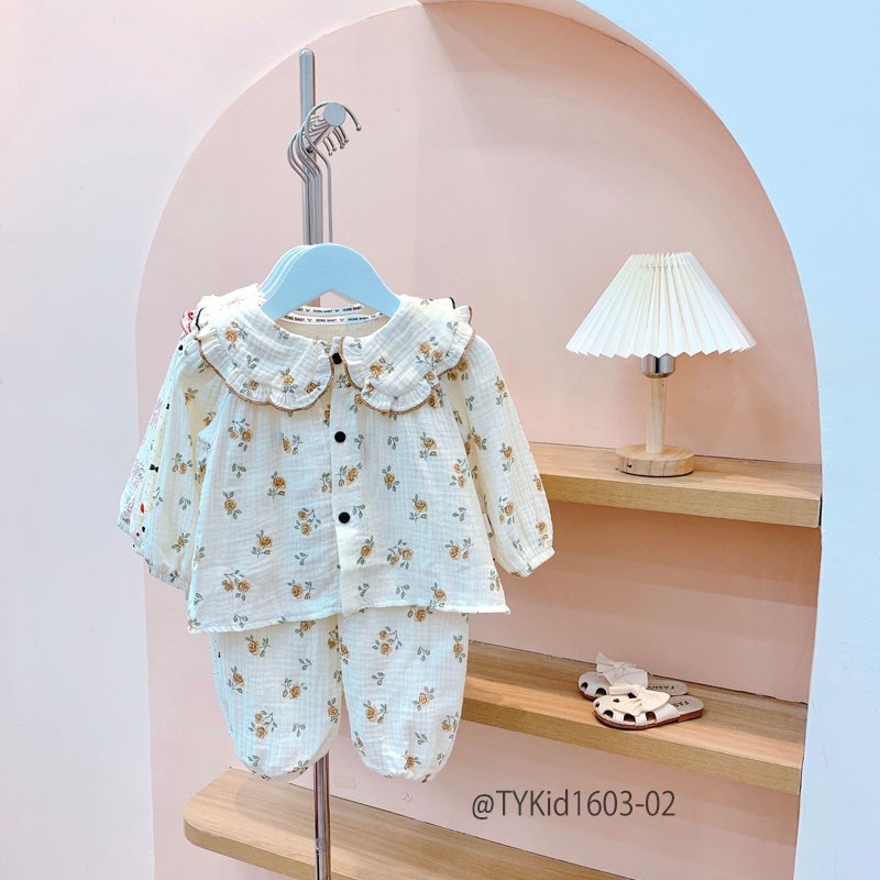 S1603-Pijama thu đông bé gái, vải xô muslin mềm mại Tiểu Yến KID