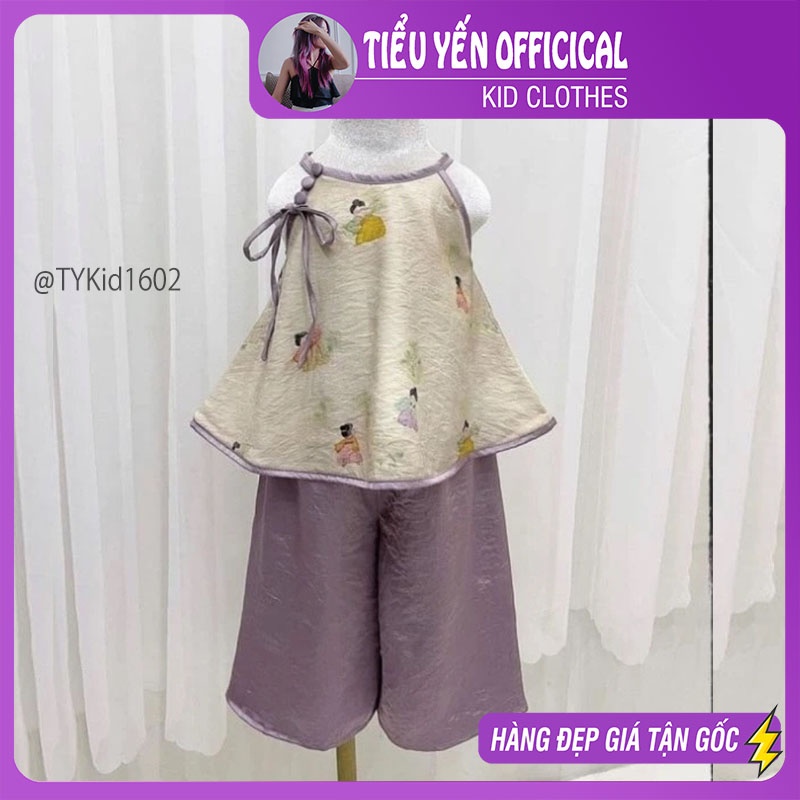 S1602-Quần áo trung thu bé gái, set áo yếm và quần lụa tím vải mềm mát Tiểu Yến KID