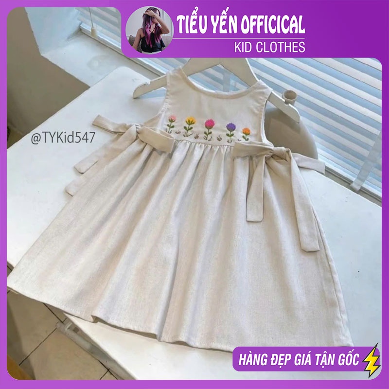 V547-Váy hè bé gái, vải linen mềm thêu họa tiết Tiểu Yến KID