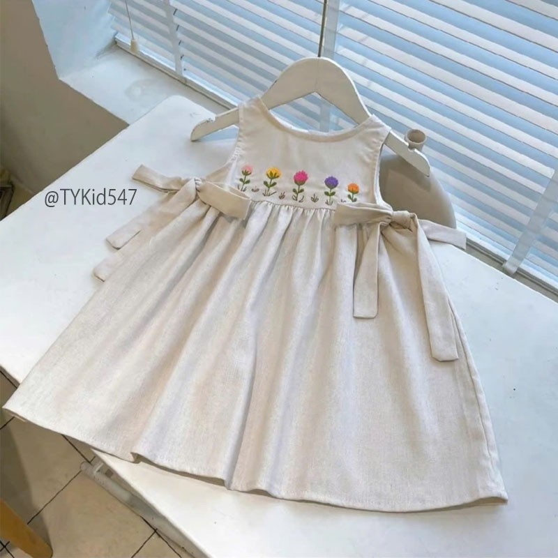 V547-Váy hè bé gái, vải linen mềm thêu họa tiết Tiểu Yến KID