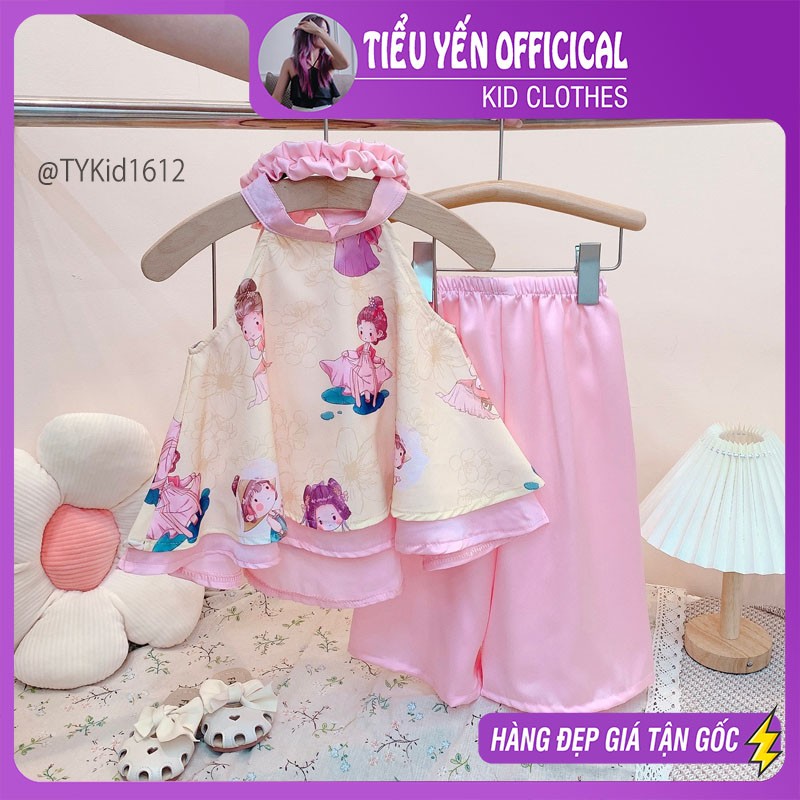 S1612-Quần áo trung thu bé gái, set lụa cổ yếm kèm cài tóc Tiểu Yến KID