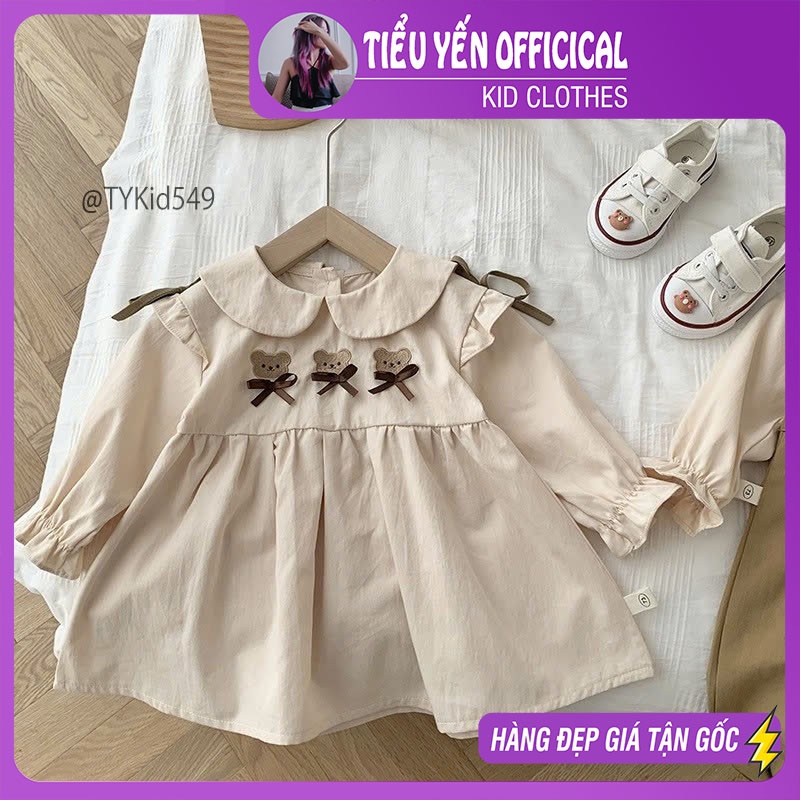 V549-Váy thu đông bé gái, dáng babydoll vải mềm thêu họa tiết Tiểu Yến KID