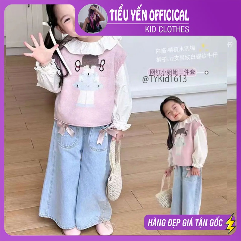 S1613-Quần áo thu đông cao cấp bé gái, set 3 chi tiết gile len, sơ mi và quần jean suông Tiểu Yến KID