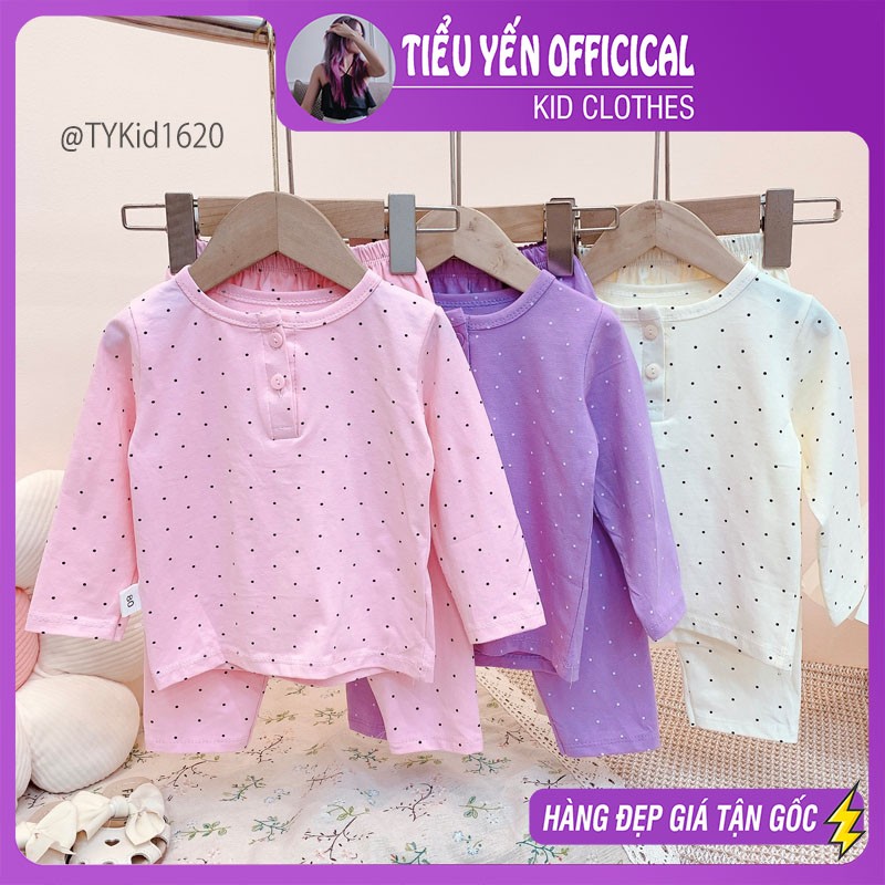 S1620-Đồ bộ mặc nhà cho bé gái, hoạt tiết chấm bi nhiều màu vải co giãn Tiểu Yến KID